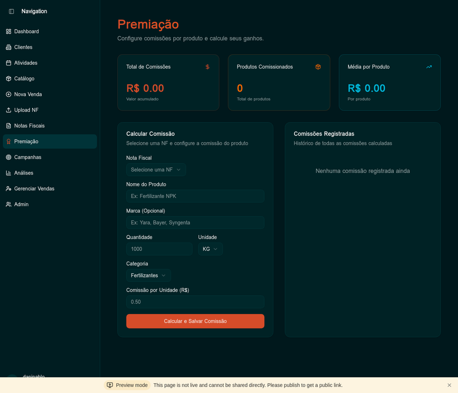 Tela de configuração de comissões por produto