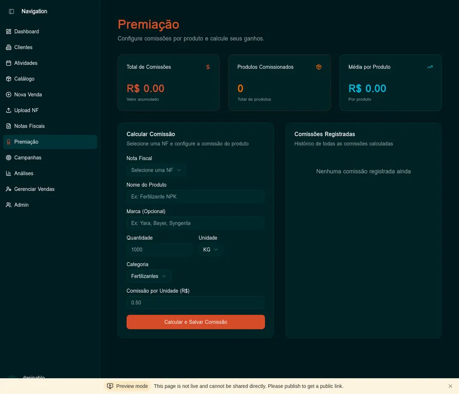 Tela de configuração de comissões por produto