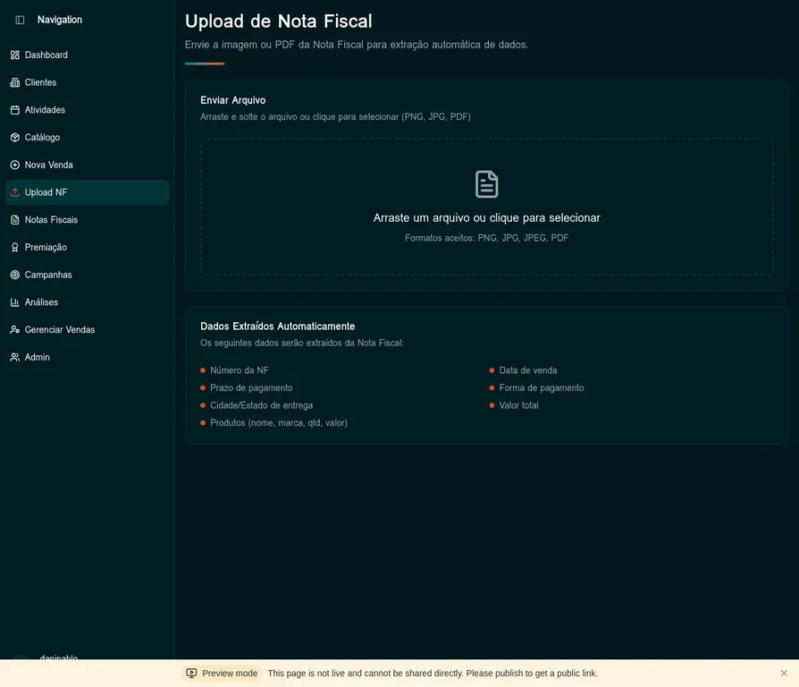 Tela de upload de nota fiscal com extração automática